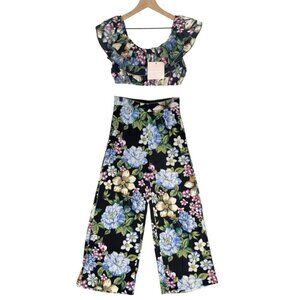 Kittenish 2PC Set Womens Medium Crop Top Wide Leg Pants Tropical Floral Vacation